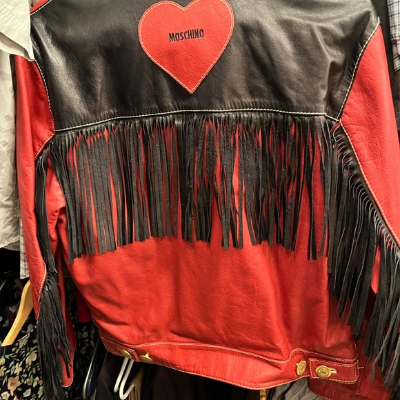 90s Vintage Moschino Leather Jacket Love Fringe Heart Red - Picture 4 of 4